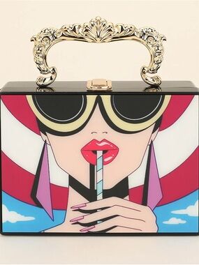 Retro Pop Art Multicolor Beach Lady Cocktail Graphic Handle Clutch Crossbody Bag